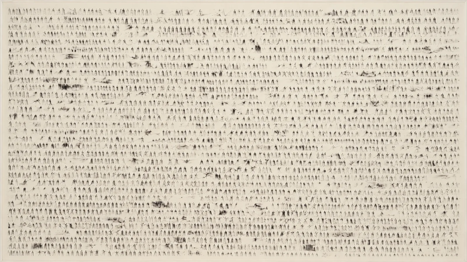Small ink figures scattered across cream paper