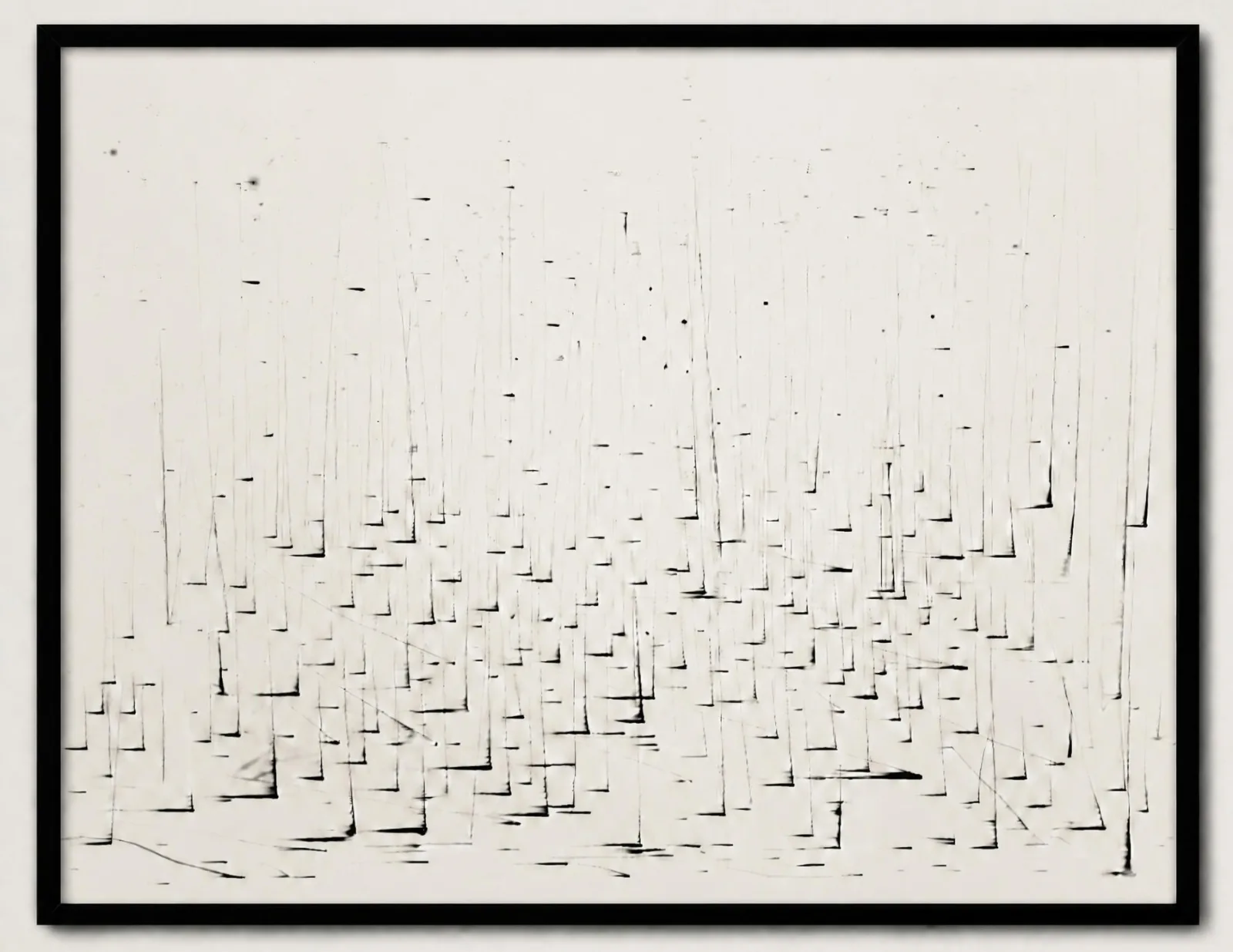 Framed abstract drawing of fine vertical ink lines on white paper